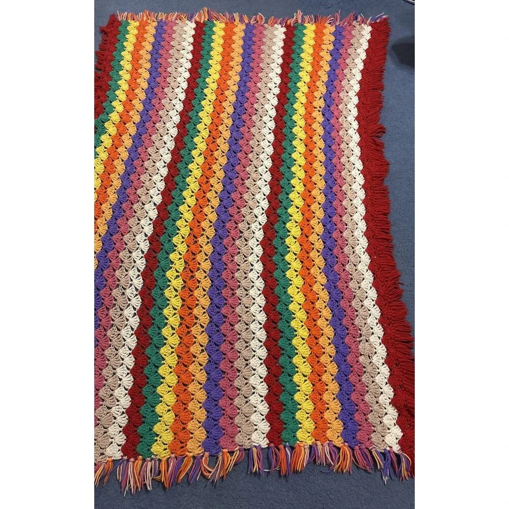 Handmade Crochet Blanket Afghan 63x43 Inches Multicolored Shell Or Fan Stitch